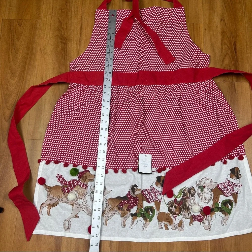 Pier 1 Imports Christmas Dogs Apron Red Polka Dot Holiday Kitchen Cotton Pom Pom